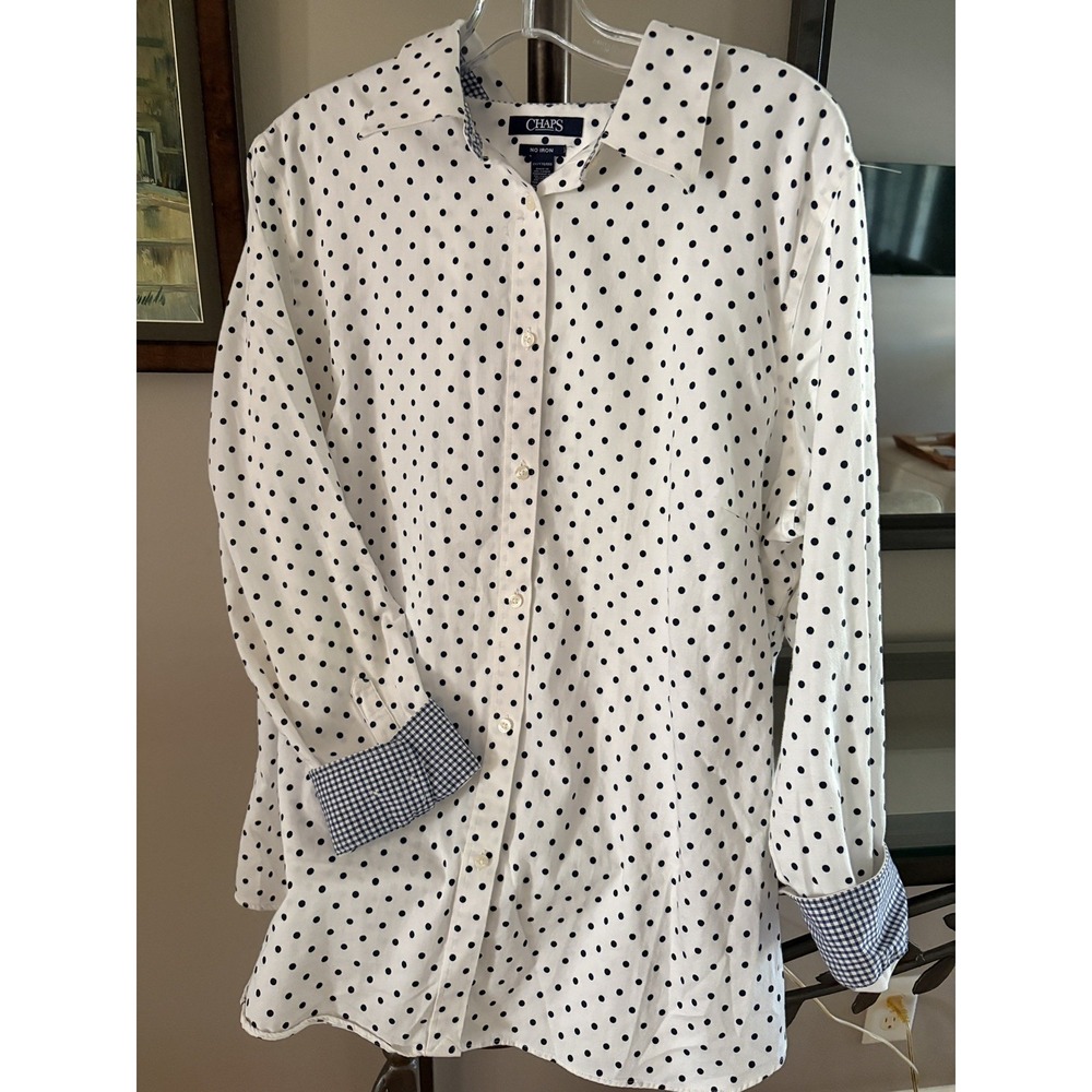 Chaps 2X No Iron Button Up Polka Dot Gingham Shirt Preppy flip cuff Cotton - Picture 3 of 15
